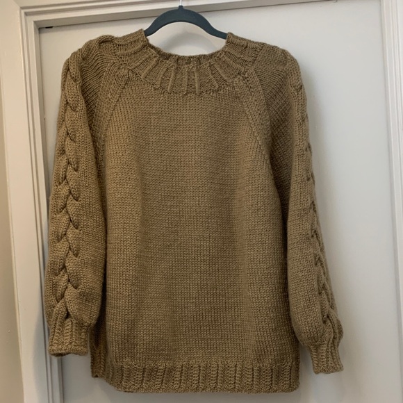 Hand Crafted Sweaters - Hand Crafted Cable-Sleeve Crewneck Sweater in Tan